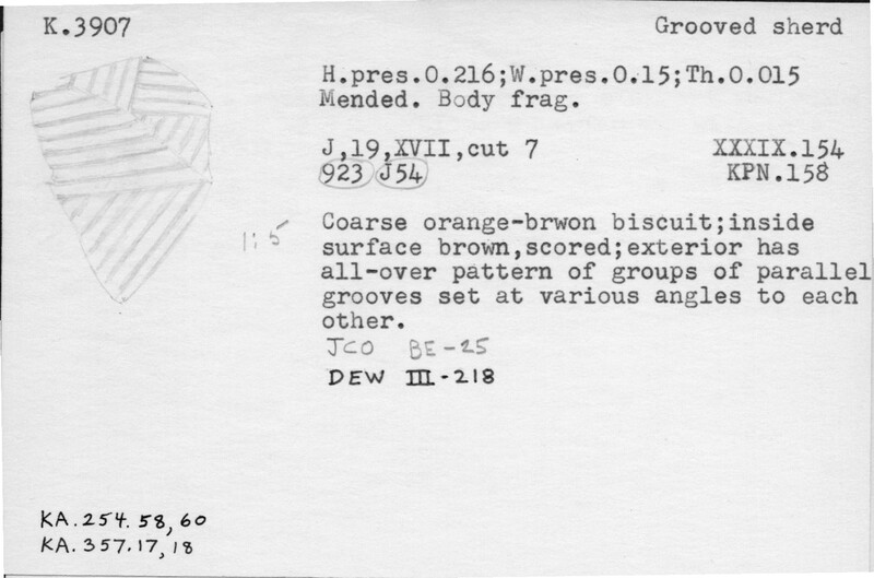 Index card with typed and handwritten information, sometimes including a sketch, of pottery from an excavation.