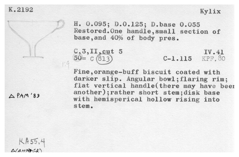 Index card with typed and handwritten information, sometimes including a sketch, of pottery from an excavation.