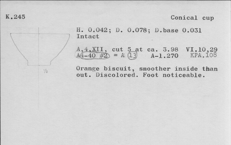 Index card with typed and handwritten information, sometimes including a sketch, of pottery from an excavation.