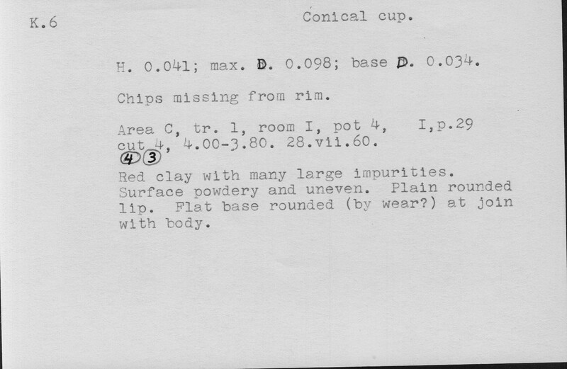 Index card with typed and handwritten information, sometimes including a sketch, of pottery from an excavation.
