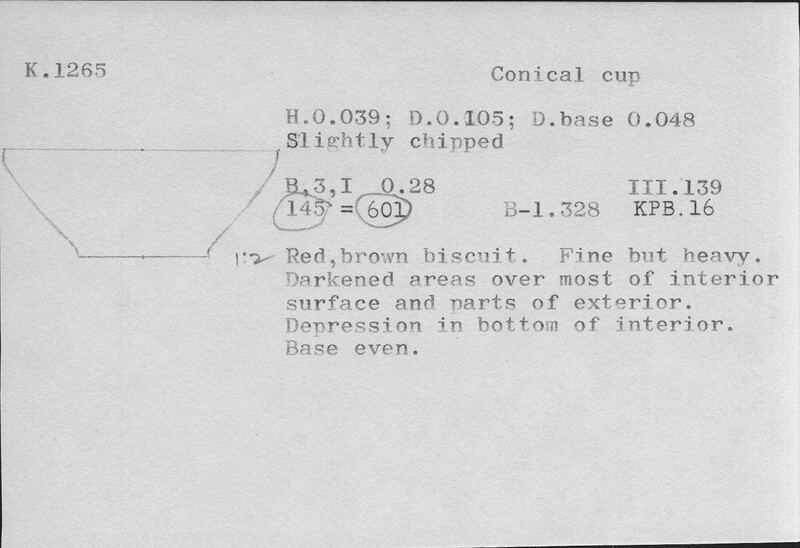 Index card with typed and handwritten information, sometimes including a sketch, of pottery from an excavation.