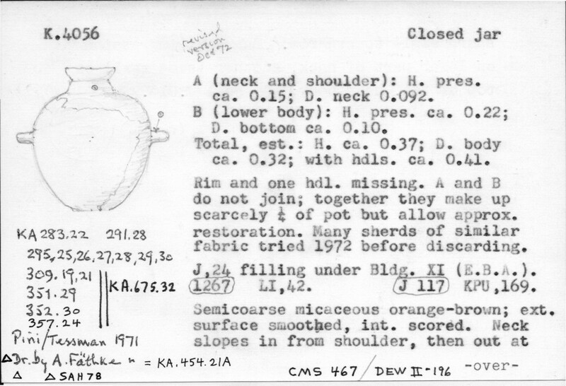 Index card with typed and handwritten information, sometimes including a sketch, of pottery from an excavation.