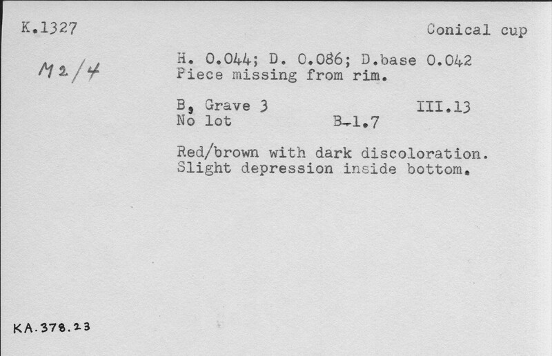 Index card with typed and handwritten information, sometimes including a sketch, of pottery from an excavation.