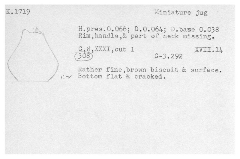 Index card with typed and handwritten information, sometimes including a sketch, of pottery from an excavation.