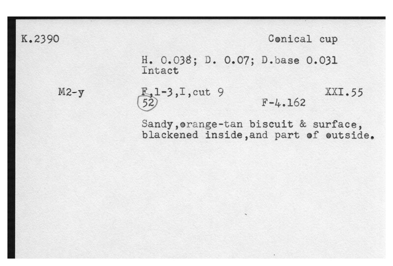Index card with typed and handwritten information, sometimes including a sketch, of pottery from an excavation.