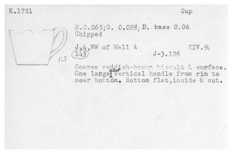 Index card with typed and handwritten information, sometimes including a sketch, of pottery from an excavation.