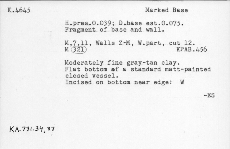 Index card with typed and handwritten information, sometimes including a sketch, of pottery from an excavation.