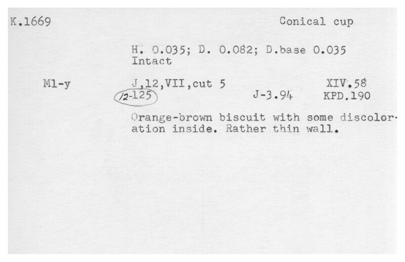 Index card with typed and handwritten information, sometimes including a sketch, of pottery from an excavation.