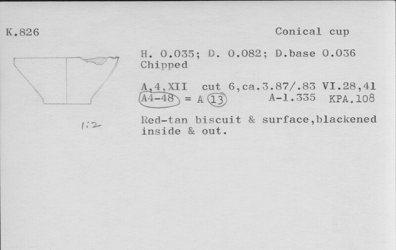Index card with typed and handwritten information, sometimes including a sketch, of pottery from an excavation.