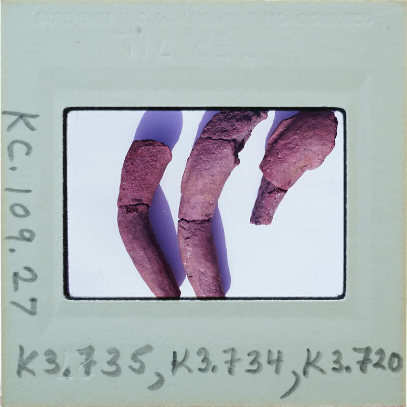 A photograph of three broken red objects, possibly terracotta fragments.