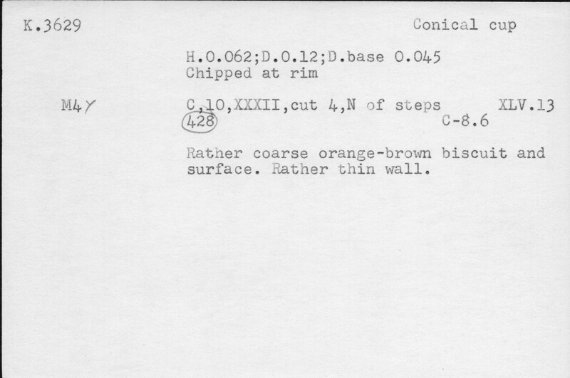 Index card with typed and handwritten information, sometimes including a sketch, of pottery from an excavation.