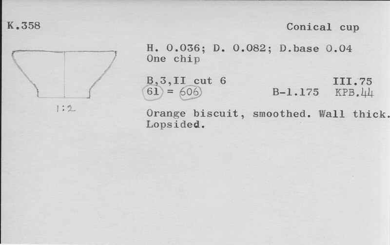 Index card with typed and handwritten information, sometimes including a sketch, of pottery from an excavation.