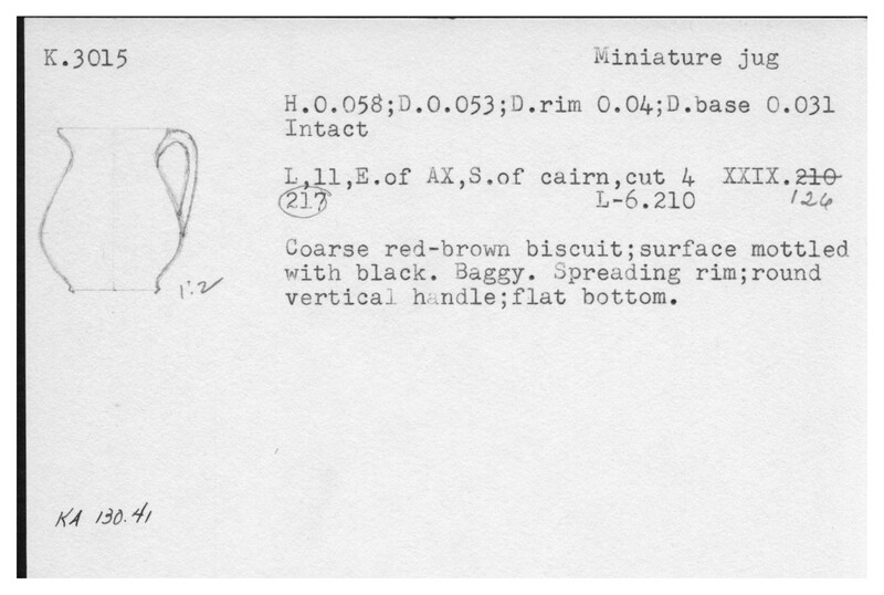 Index card with typed and handwritten information, sometimes including a sketch, of pottery from an excavation.