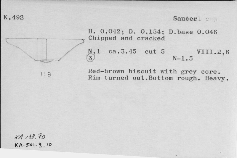 Index card with typed and handwritten information, sometimes including a sketch, of pottery from an excavation.
