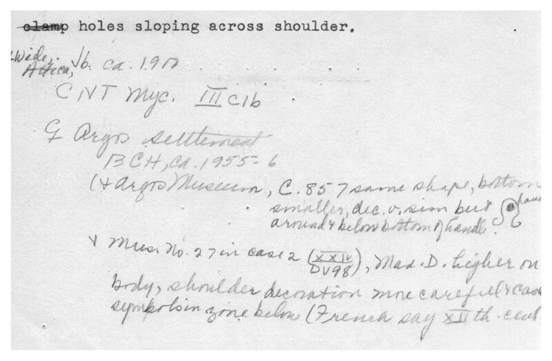 Index card with typed and handwritten information, sometimes including a sketch, of pottery from an excavation.