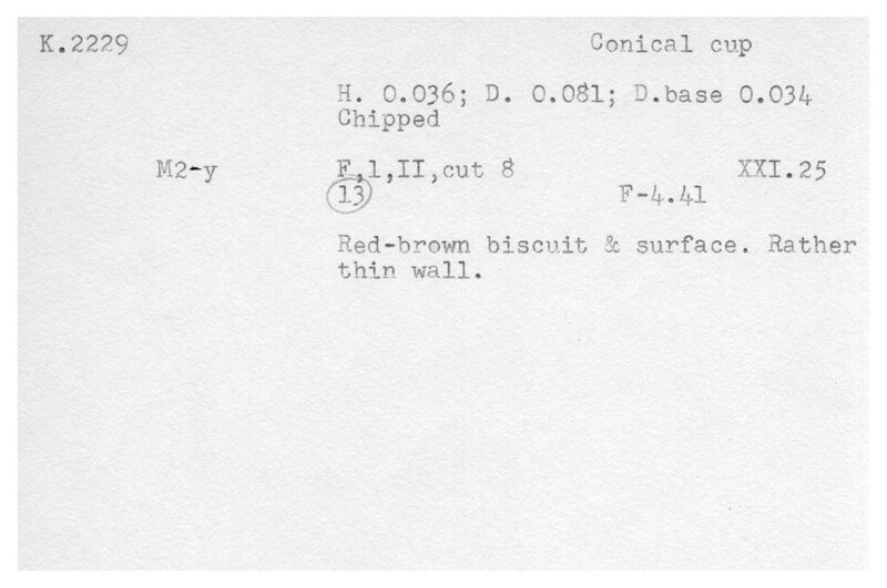 Index card with typed and handwritten information, sometimes including a sketch, of pottery from an excavation.