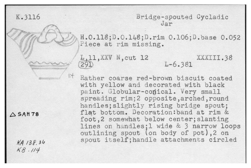 Index card with typed and handwritten information, sometimes including a sketch, of pottery from an excavation.
