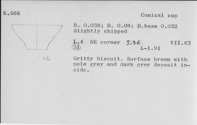 Index card with typed and handwritten information, sometimes including a sketch, of pottery from an excavation.