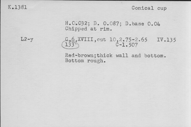 Index card with typed and handwritten information, sometimes including a sketch, of pottery from an excavation.