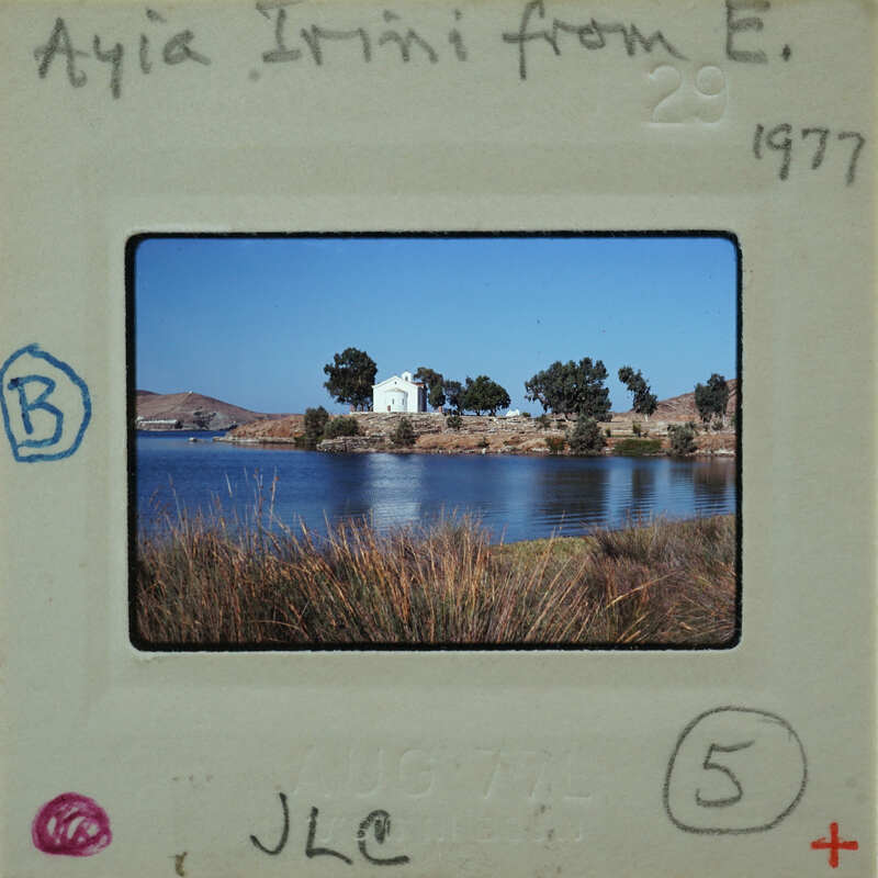 Photo of a lake with trees and mountains, labeled "Aya Inni" from 1977.