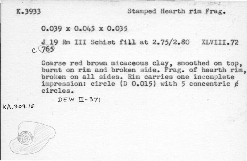 Index card with typed and handwritten information, sometimes including a sketch, of pottery from an excavation.