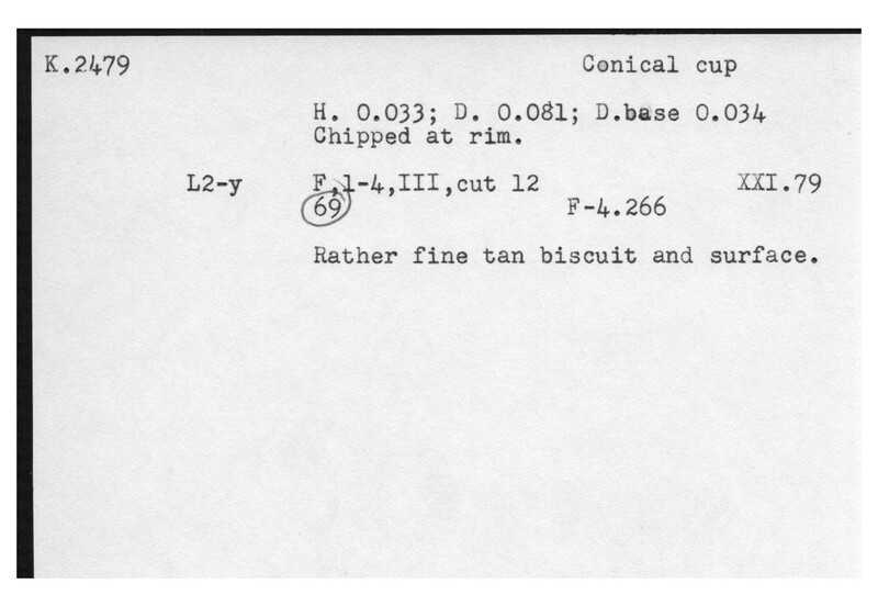 Index card with typed and handwritten information, sometimes including a sketch, of pottery from an excavation.