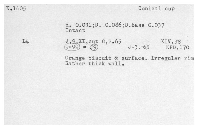 Index card with typed and handwritten information, sometimes including a sketch, of pottery from an excavation.