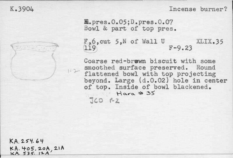 Index card with typed and handwritten information, sometimes including a sketch, of pottery from an excavation.