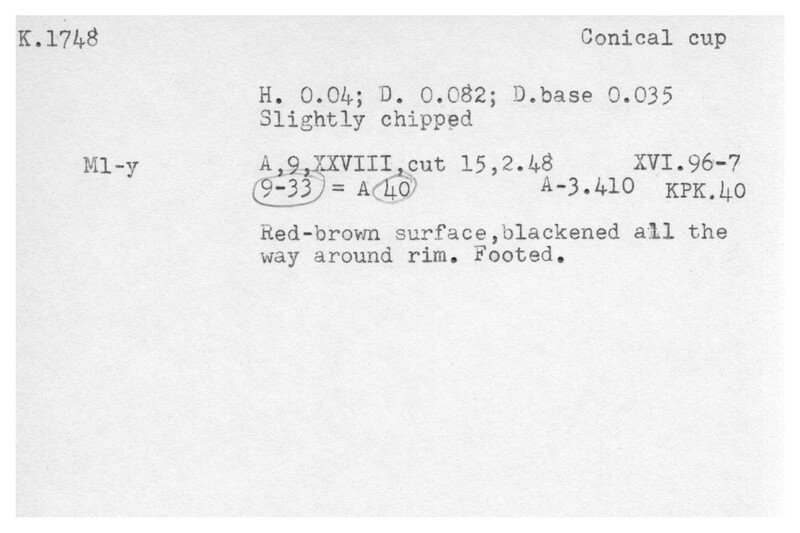 Index card with typed and handwritten information, sometimes including a sketch, of pottery from an excavation.