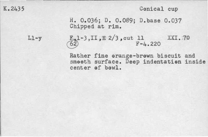 Index card with typed and handwritten information, sometimes including a sketch, of pottery from an excavation.