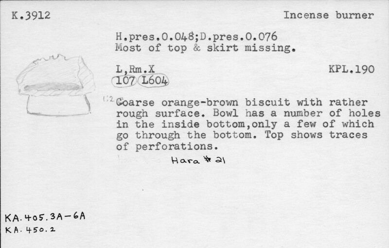 Index card with typed and handwritten information, sometimes including a sketch, of pottery from an excavation.