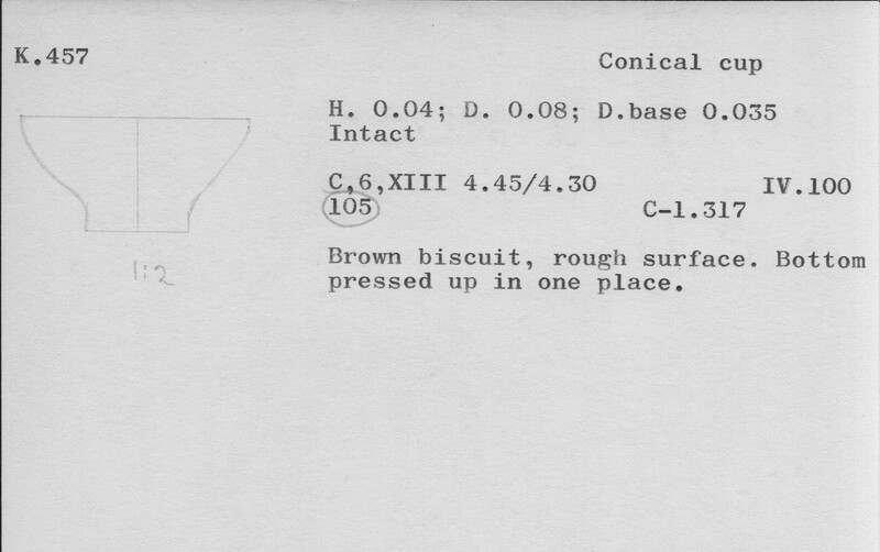 Index card with typed and handwritten information, sometimes including a sketch, of pottery from an excavation.