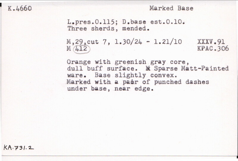 Index card with typed and handwritten information, sometimes including a sketch, of pottery from an excavation.
