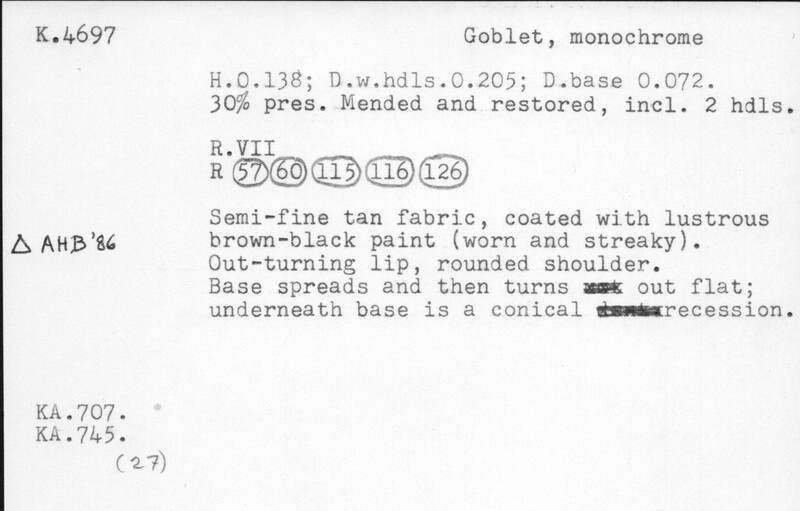 Index card with typed and handwritten information, sometimes including a sketch, of pottery from an excavation.