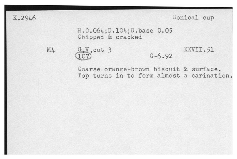 Index card with typed and handwritten information, sometimes including a sketch, of pottery from an excavation.