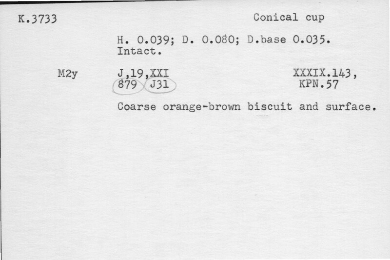 Index card with typed and handwritten information, sometimes including a sketch, of pottery from an excavation.