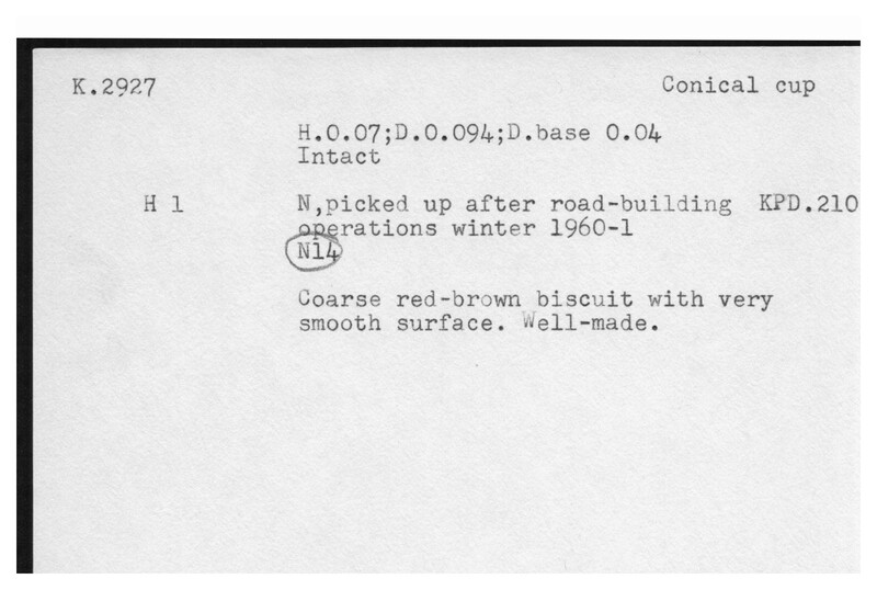Index card with typed and handwritten information, sometimes including a sketch, of pottery from an excavation.