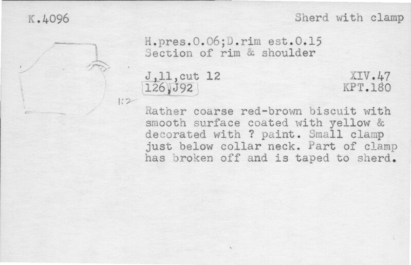 Index card with typed and handwritten information, sometimes including a sketch, of pottery from an excavation.