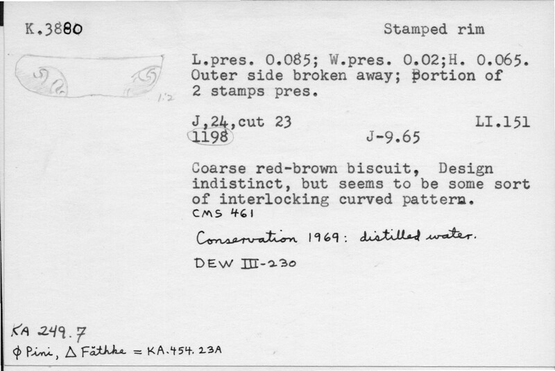 Index card with typed and handwritten information, sometimes including a sketch, of pottery from an excavation.