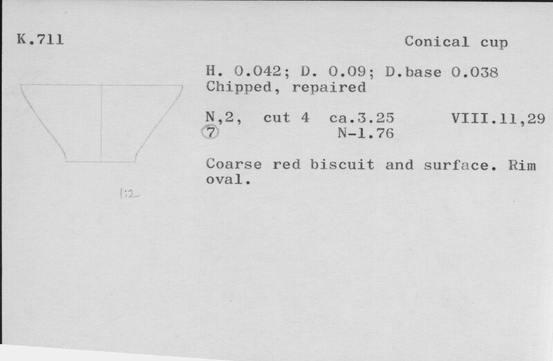 Index card with typed and handwritten information, sometimes including a sketch, of pottery from an excavation.
