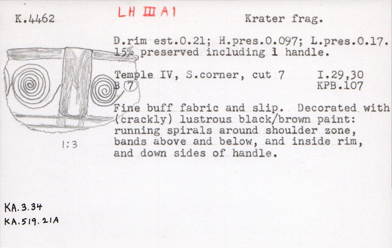 Index card with typed and handwritten information, sometimes including a sketch, of pottery from an excavation.