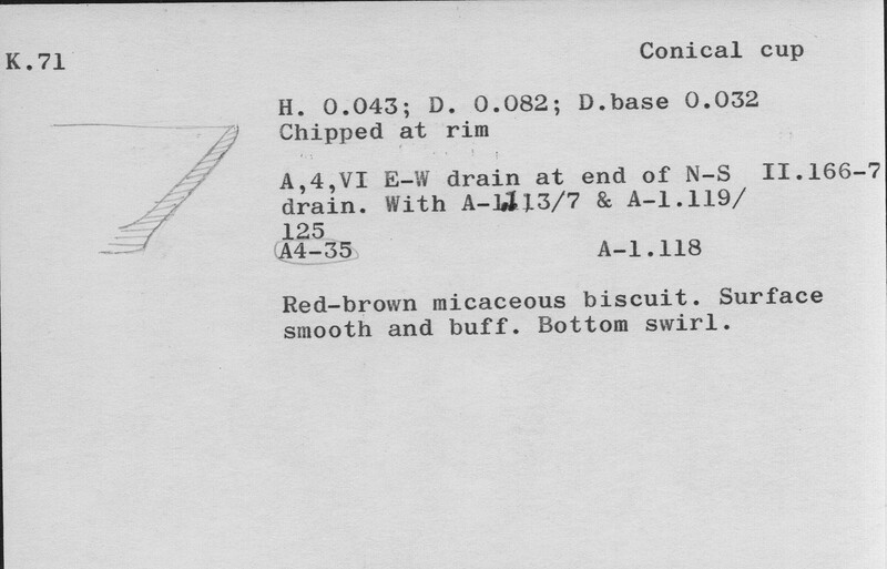 Index card with typed and handwritten information, sometimes including a sketch, of pottery from an excavation.