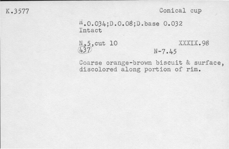 Index card with typed and handwritten information, sometimes including a sketch, of pottery from an excavation.