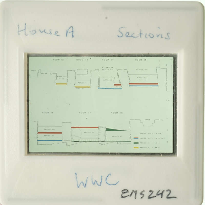 Old photograph with handwritten labels, possibly showing sections of a building or similar structure.