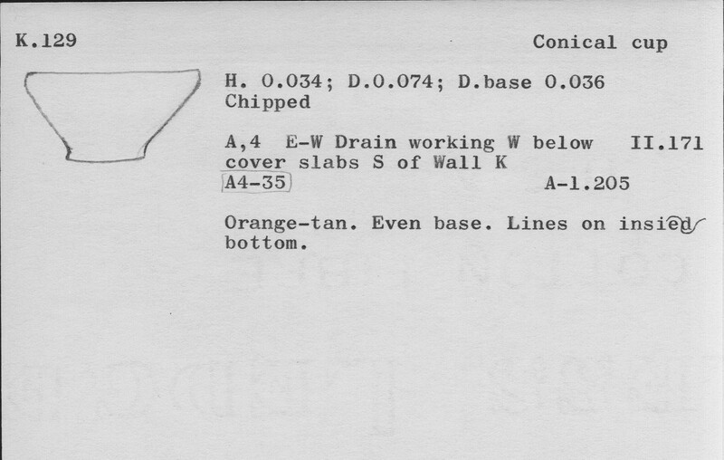 Index card with typed and handwritten information, sometimes including a sketch, of pottery from an excavation.