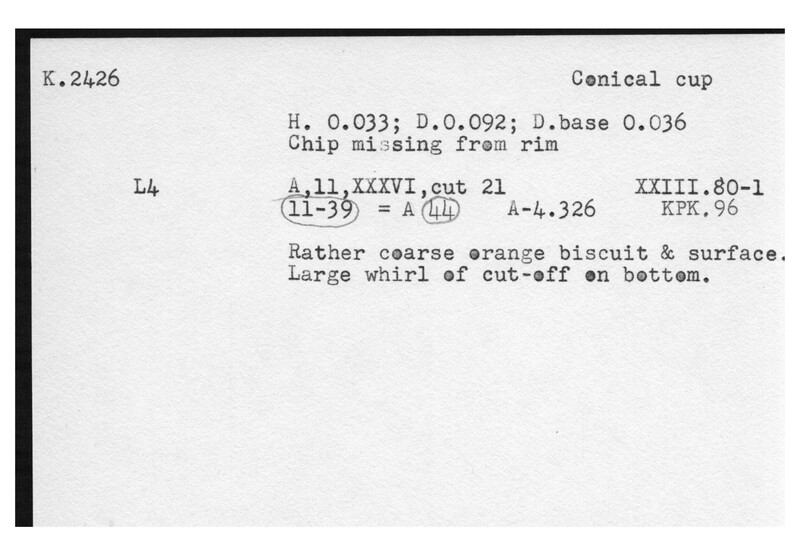 Index card with typed and handwritten information, sometimes including a sketch, of pottery from an excavation.