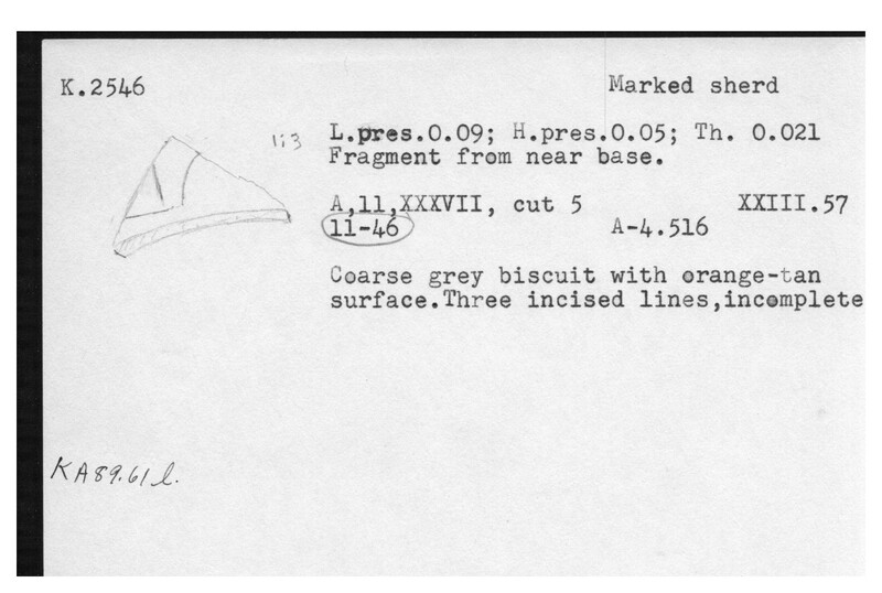 Index card with typed and handwritten information, sometimes including a sketch, of pottery from an excavation.