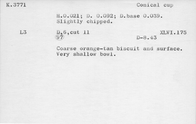 Index card with typed and handwritten information, sometimes including a sketch, of pottery from an excavation.