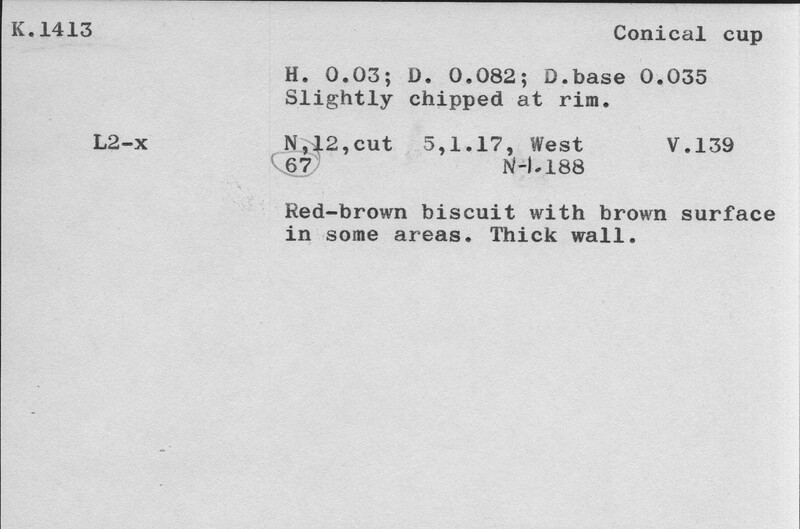 Index card with typed and handwritten information, sometimes including a sketch, of pottery from an excavation.