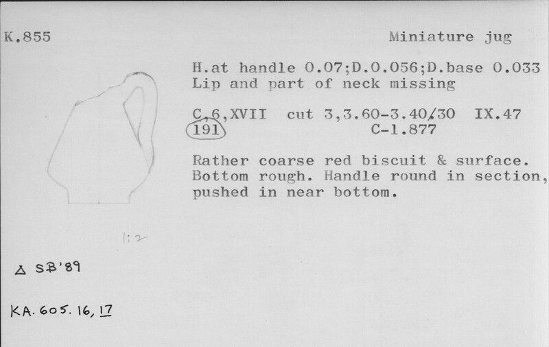 Index card with typed and handwritten information, sometimes including a sketch, of pottery from an excavation.